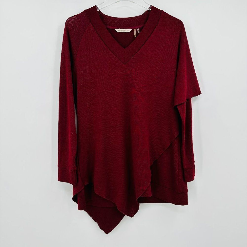 Soft Surroundings Sz PS Maroon Red VNeck Ruffle Front Long Sleeve Tunic Sweater